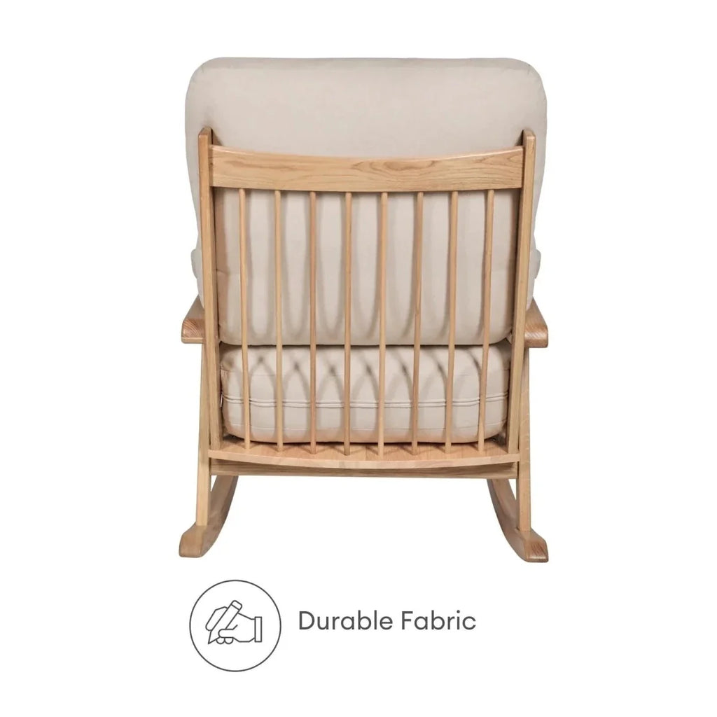 Gaia Baby Hera rocking chair back view with light oak slatted back and off-white cushion