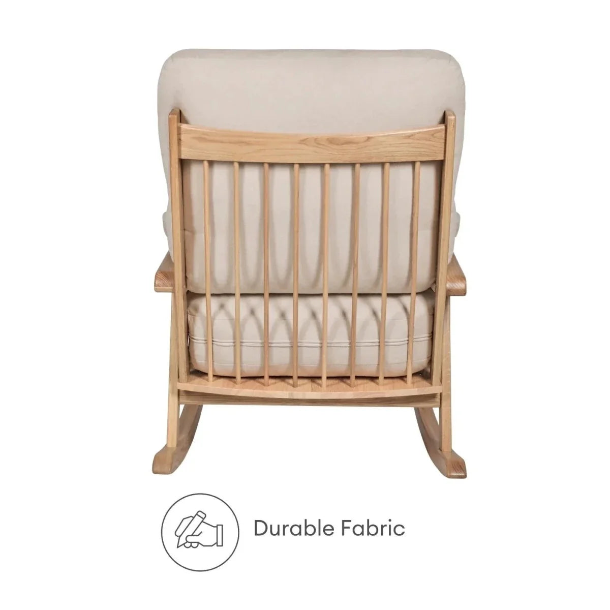 Gaia Baby Hera rocking chair back view with light oak slatted back and off-white cushion