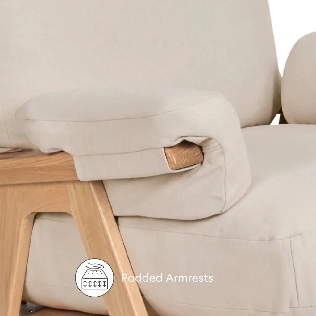 Gaia Baby Hera rocking chair padded armrest with light oak frame, off-white upholstery