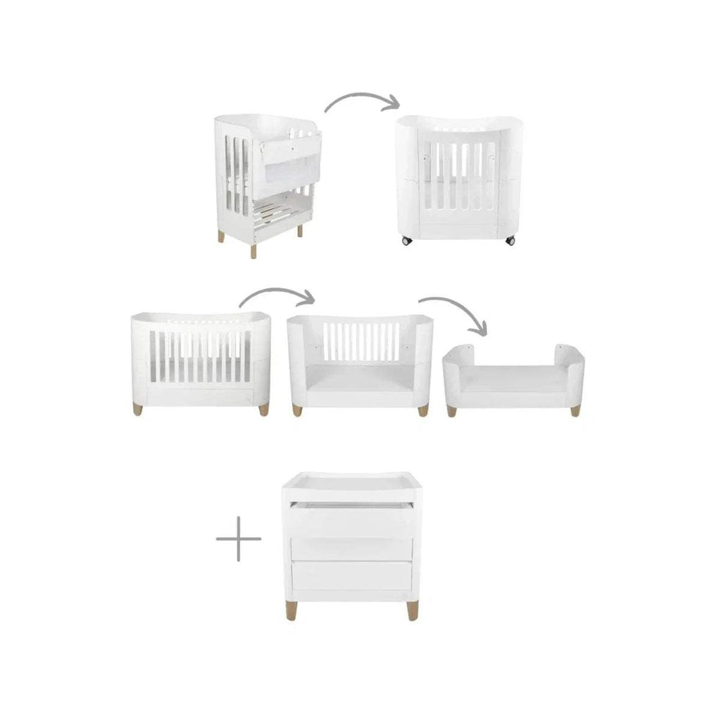 Baby nursery set with white crib and matching dresser, plus daybed and chair frames