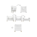 Baby nursery set with white crib and matching dresser, plus daybed and chair frames