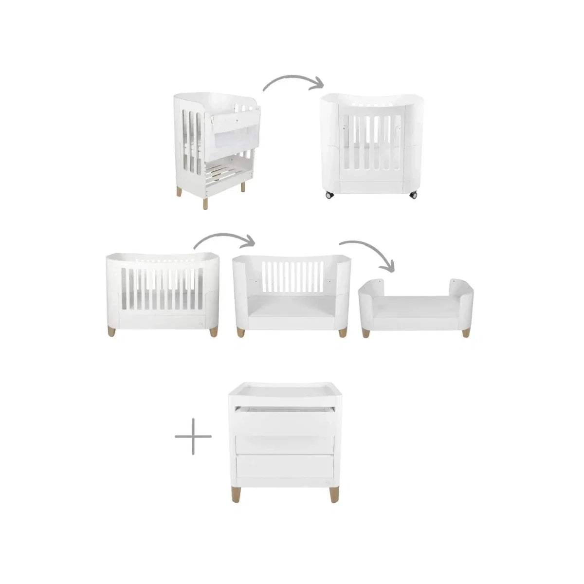 Baby nursery set with white crib and matching dresser, plus daybed and chair frames