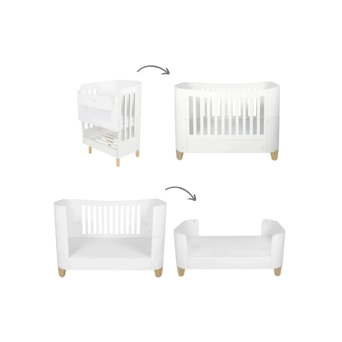 White cot bed with high rail, curved sides and vertical slat ends, natural wood feet