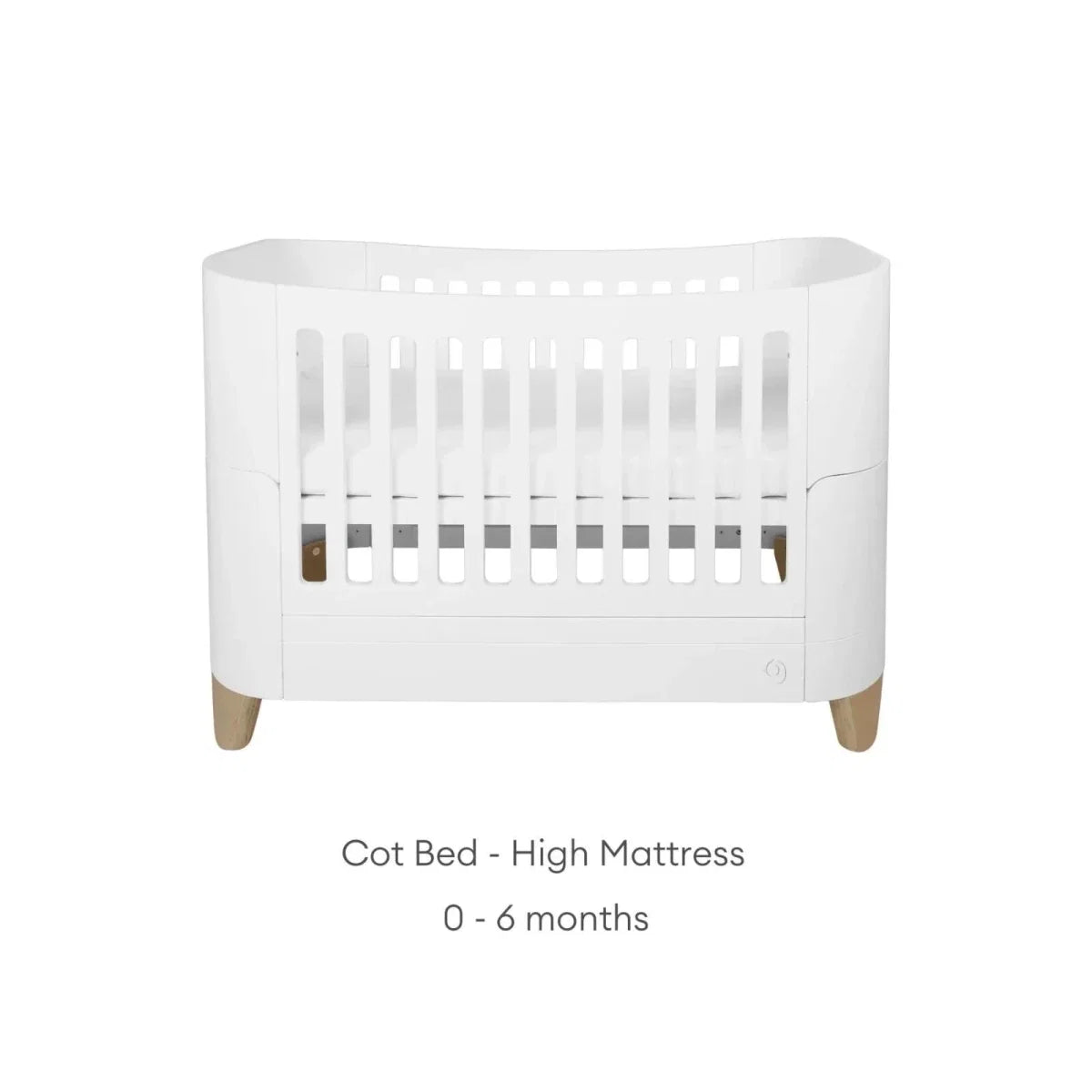 White cot bed frame with vertical slats, rounded corners, and natural wood legs