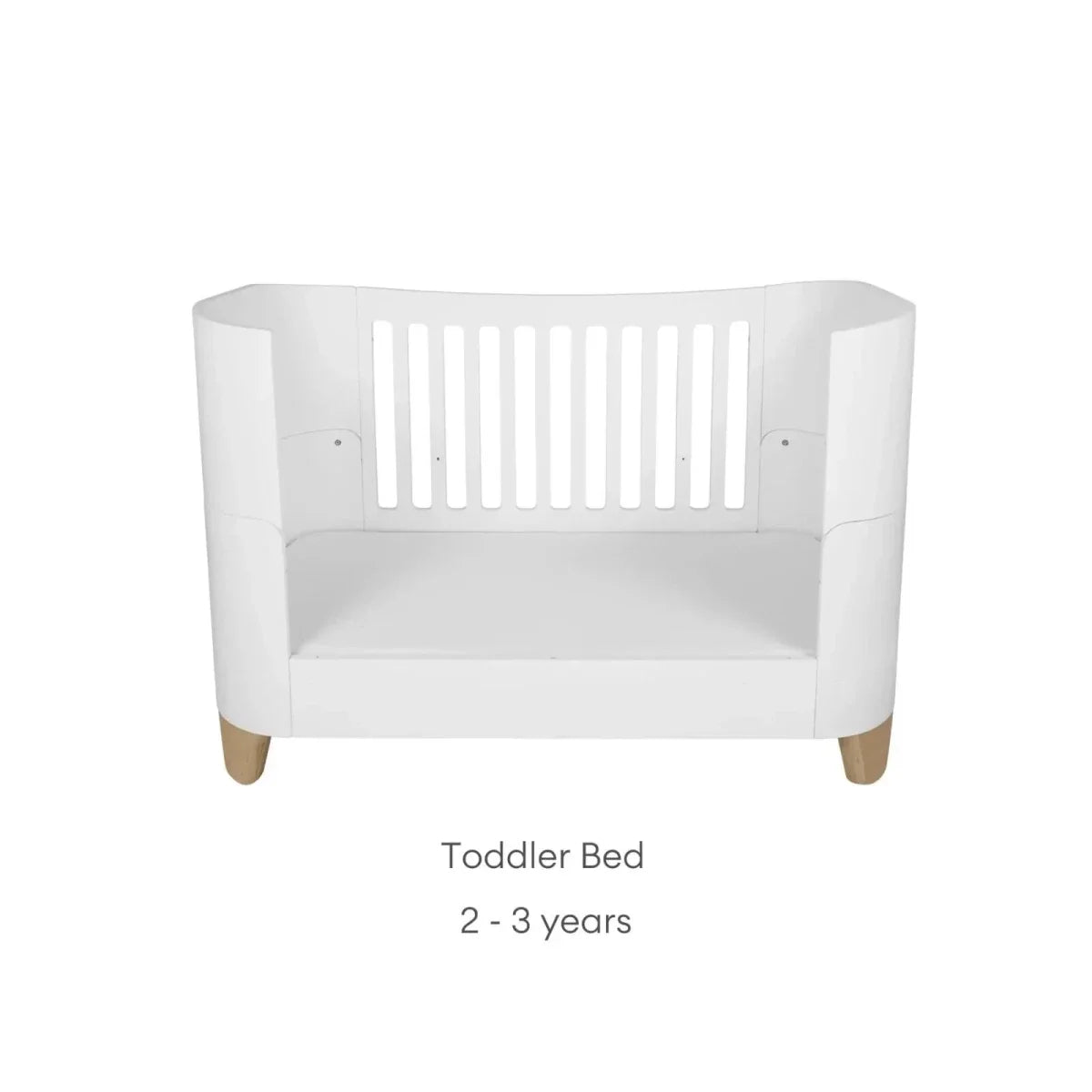 White toddler bed frame with vertical slat headboard panel, smooth base, natural legs