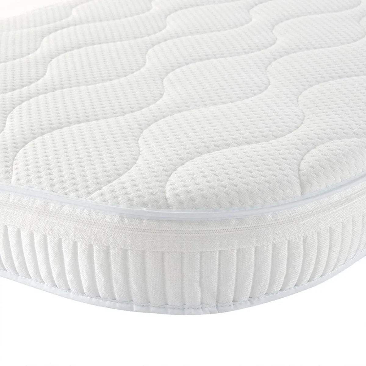 White cot bed mattress with quilted top and elasticized side skirt