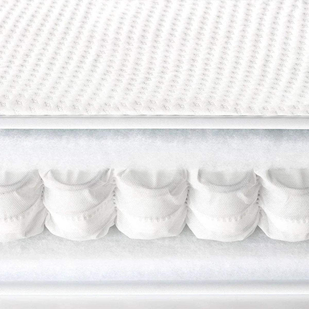 White cot bed mattress side panel with stitched padding and elastic edge