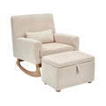 Nursing chair and ottoman set in biscuit boucle with curved wooden rocking base