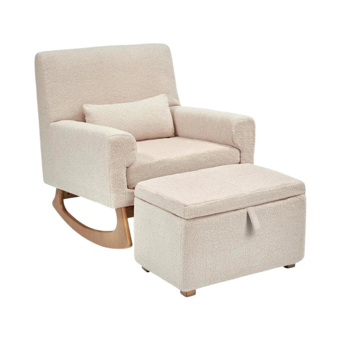 Nursing chair and ottoman set in biscuit boucle with curved wooden rocking base