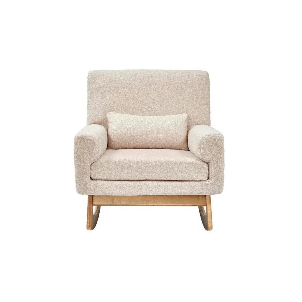 Nursing chair in biscuit boucle with square seat cushion and short wooden legs