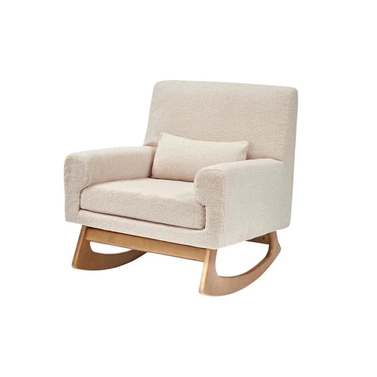 Nursing chair in biscuit boucle with upholstered seat, backrest, and curved wooden base