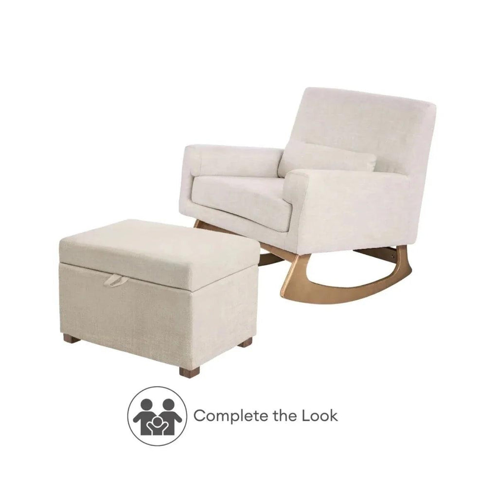 Oat nursing chair with matching footstool and curved rocker base, cushioned arms.