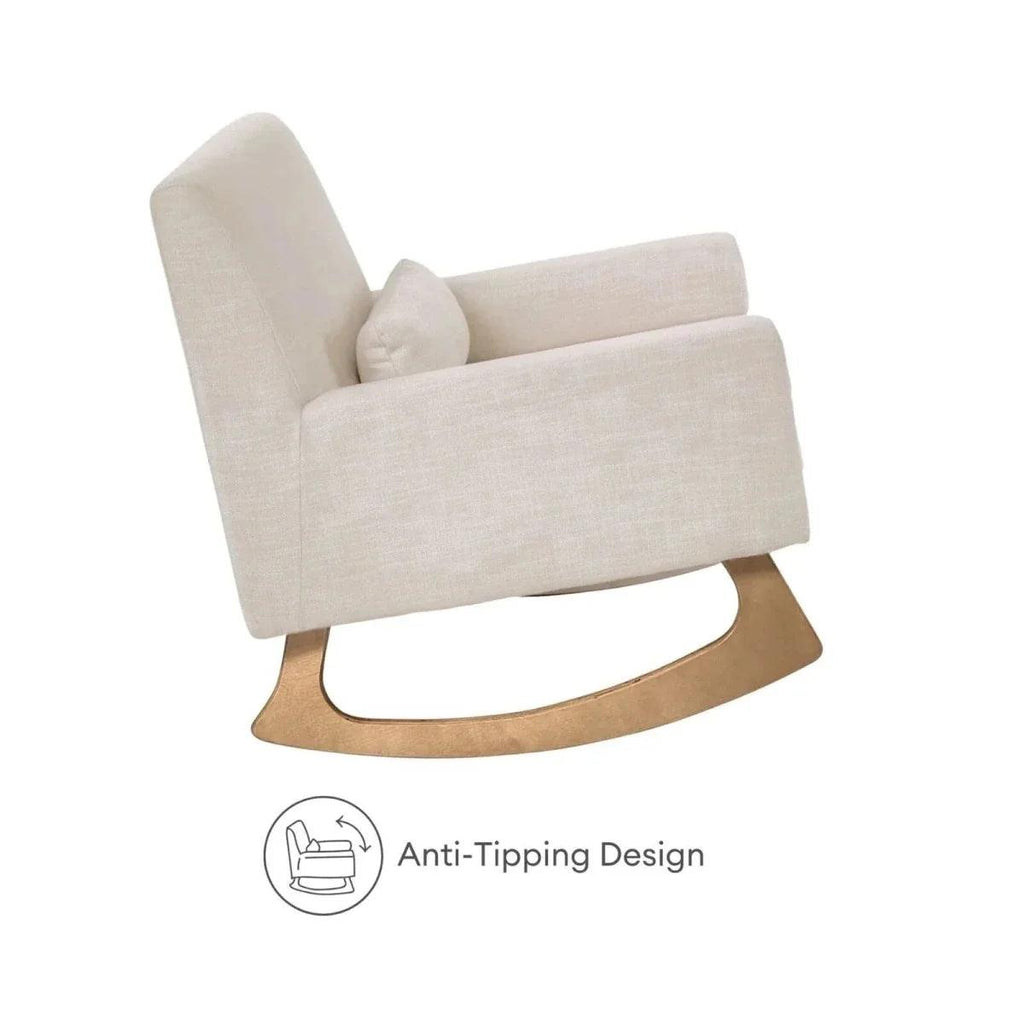 Oat nursing chair with padded headrest, arched rocker base and cushioned arms.