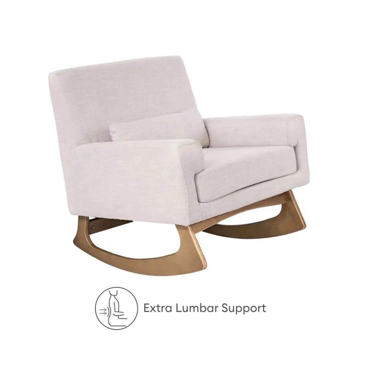 Oat nursing chair with cushioned lumbar area and arched rocker base, headrest.