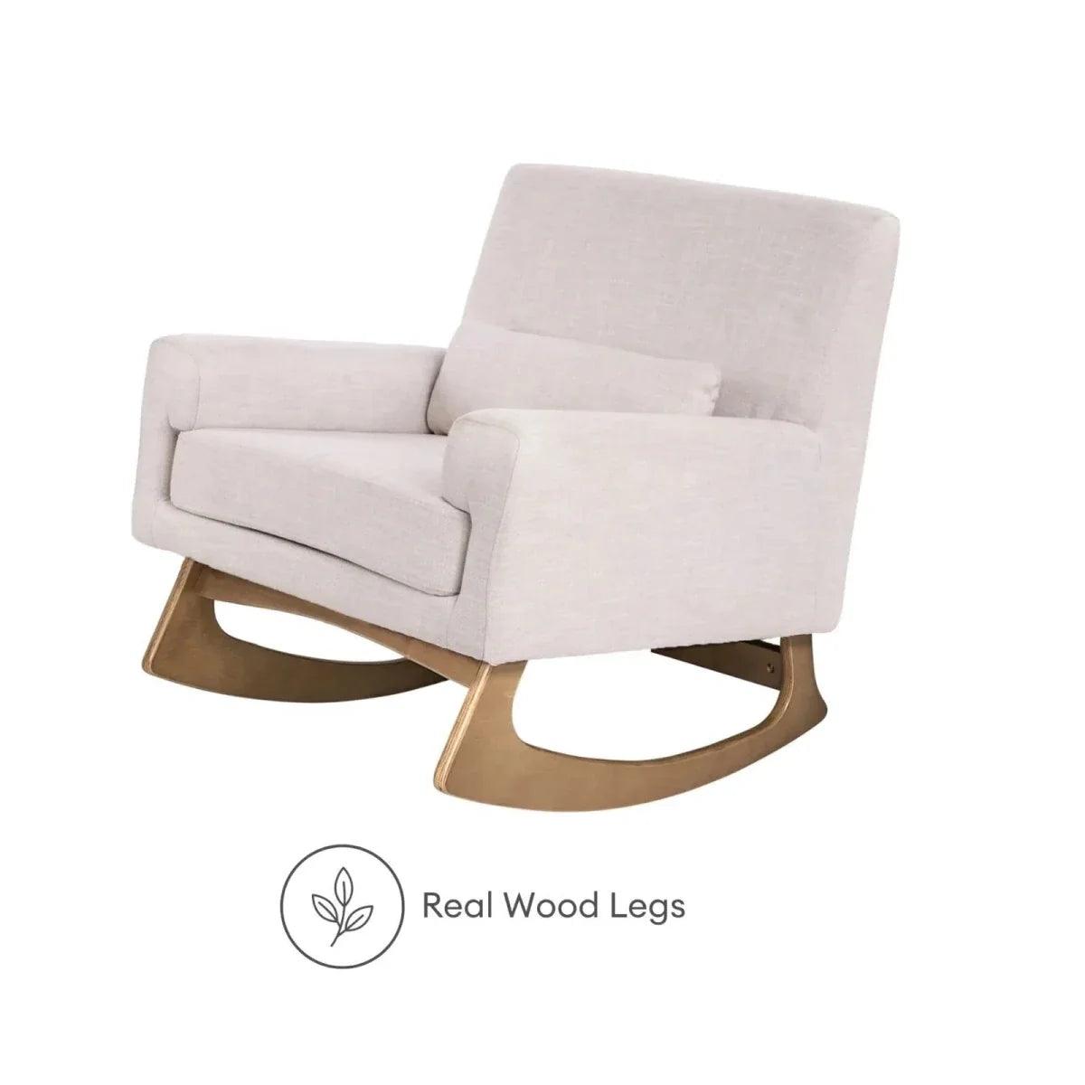 Oat nursing chair with real wood legs and arched rocker base, padded backrest.
