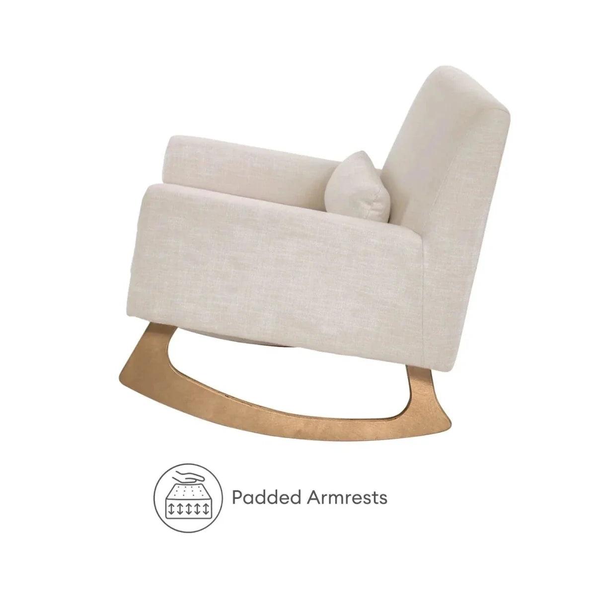Oat nursing chair with padded armrests and arched rocker base, cushioned seat.
