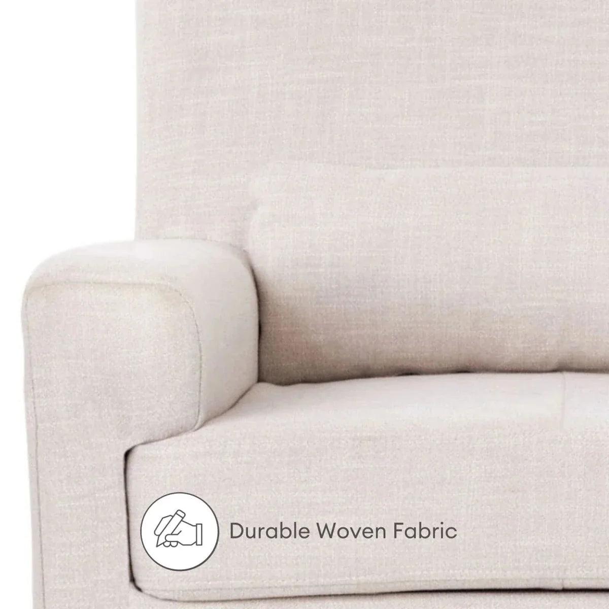 Gaia Baby Serena nursing chair in oat woven fabric, rounded arm and seat.