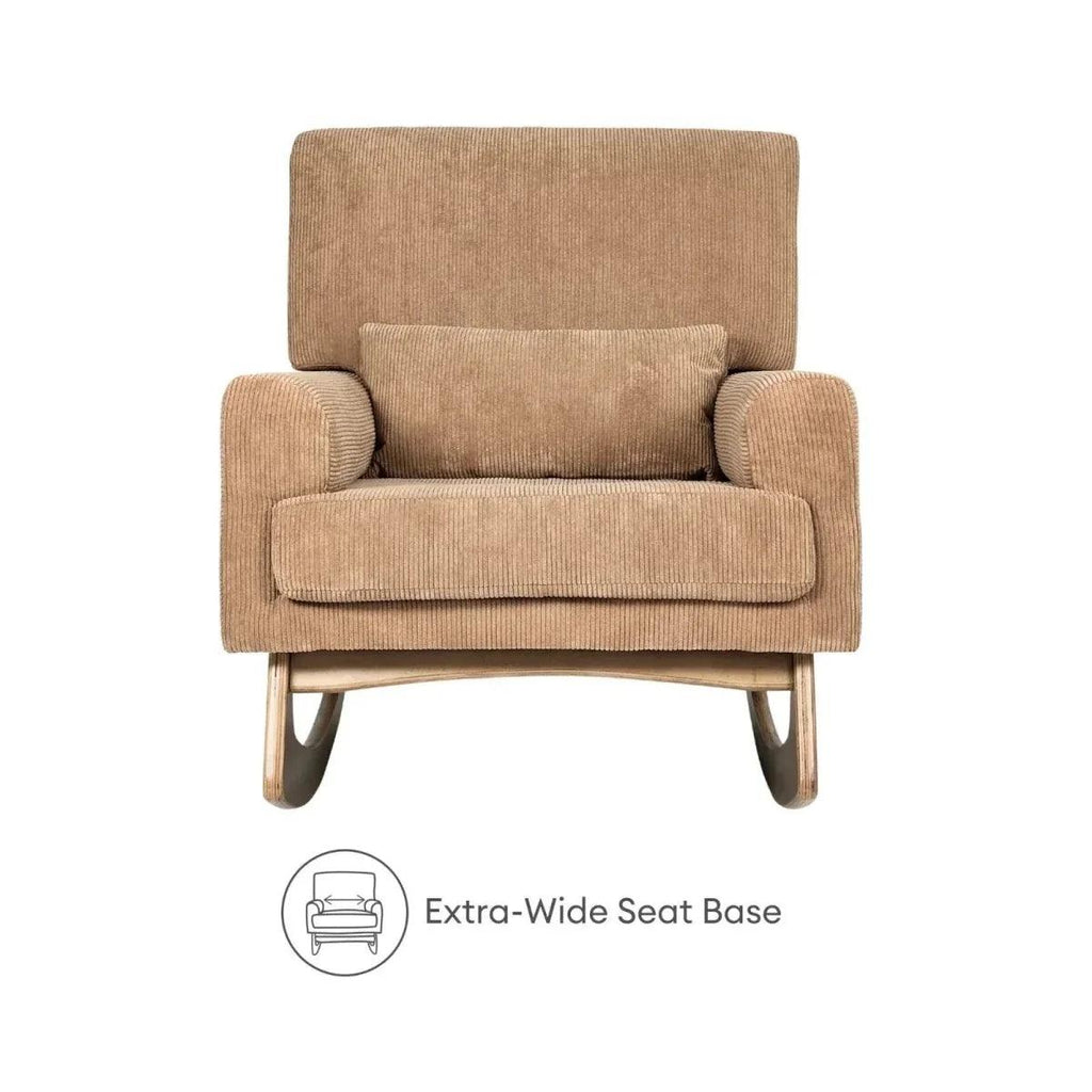Caramel corduroy nursing chair with wide seat and padded back cushion