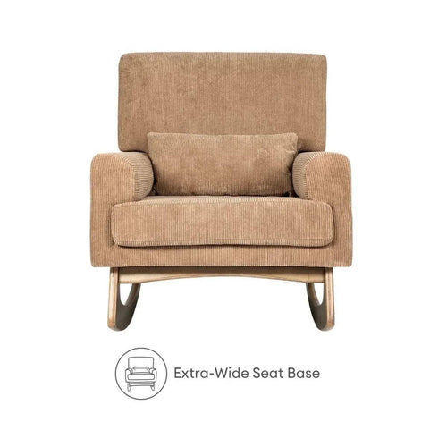 Caramel corduroy nursing chair with wide seat and padded back cushion