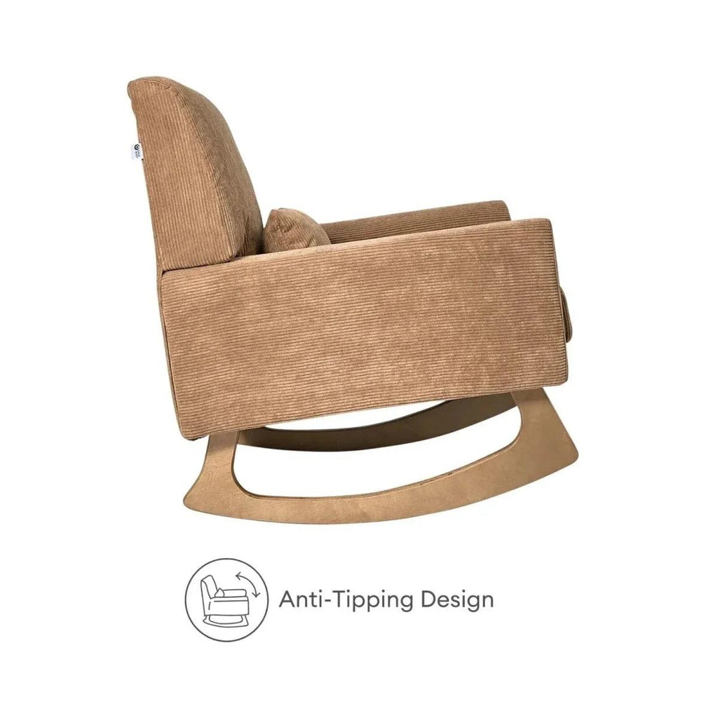 Caramel corduroy nursing chair with rocking base and side profile