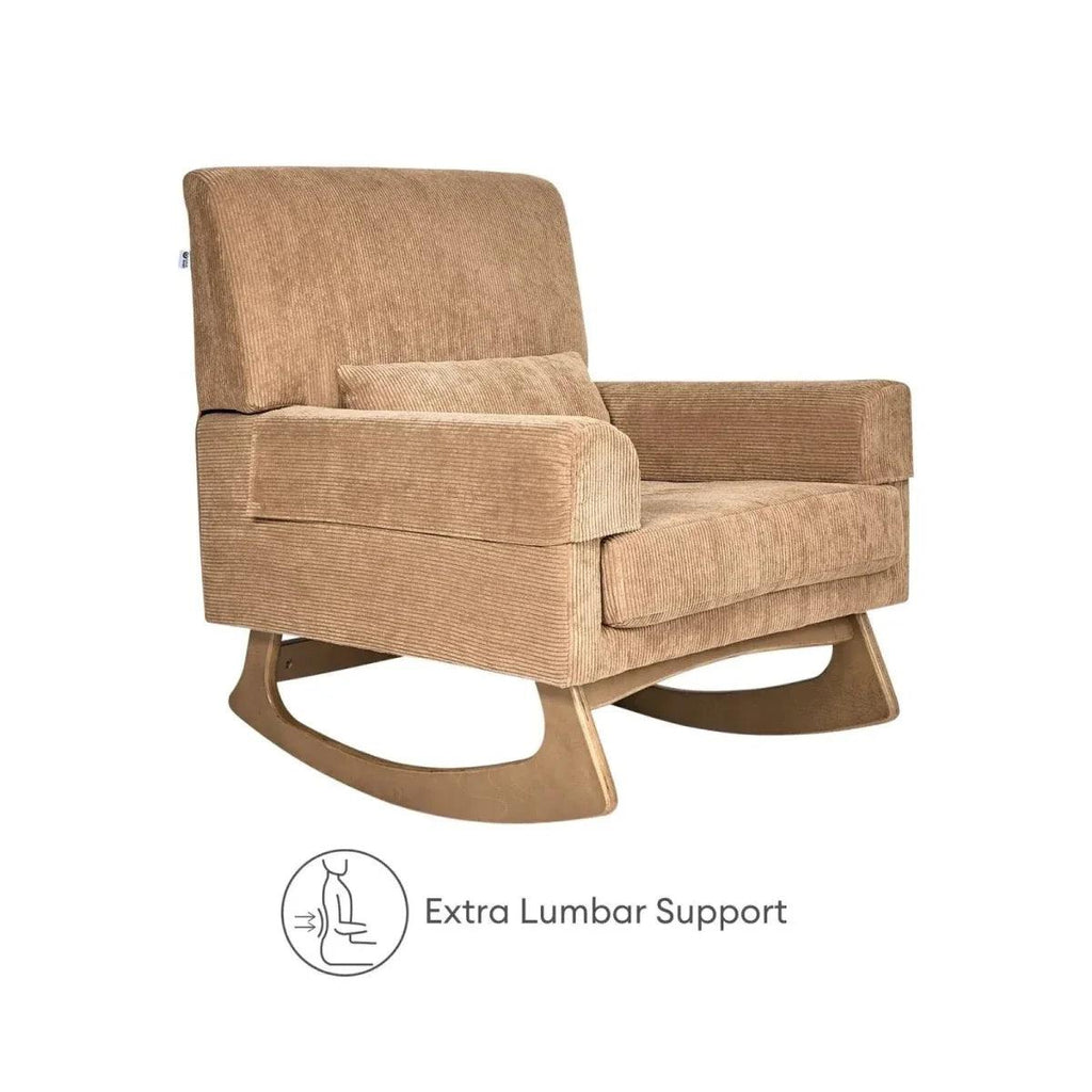 Caramel corduroy nursing chair with extra lumbar support cushion and rocking base