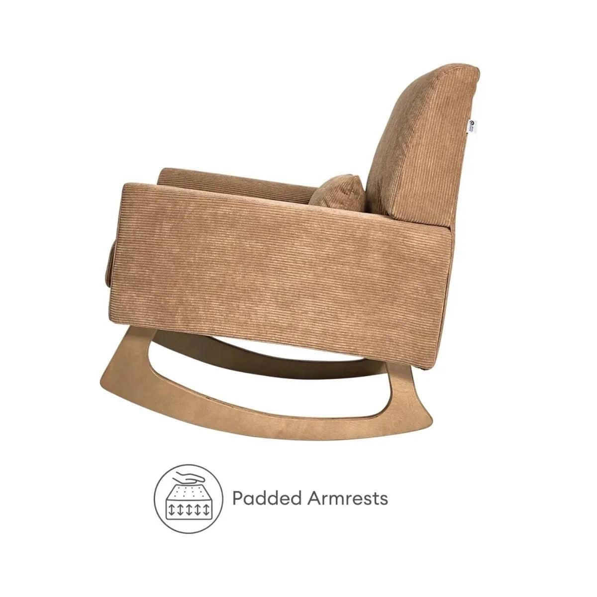 Caramel corduroy nursing chair with padded armrests and rocking base
