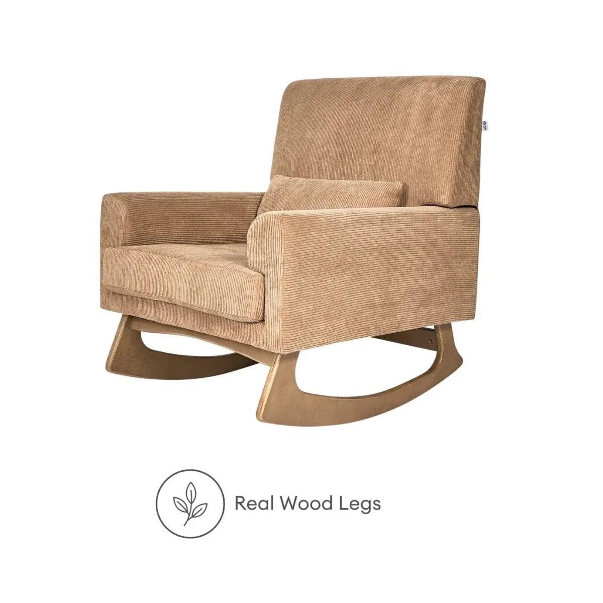 Caramel corduroy nursing chair with real wood legs and rocking base