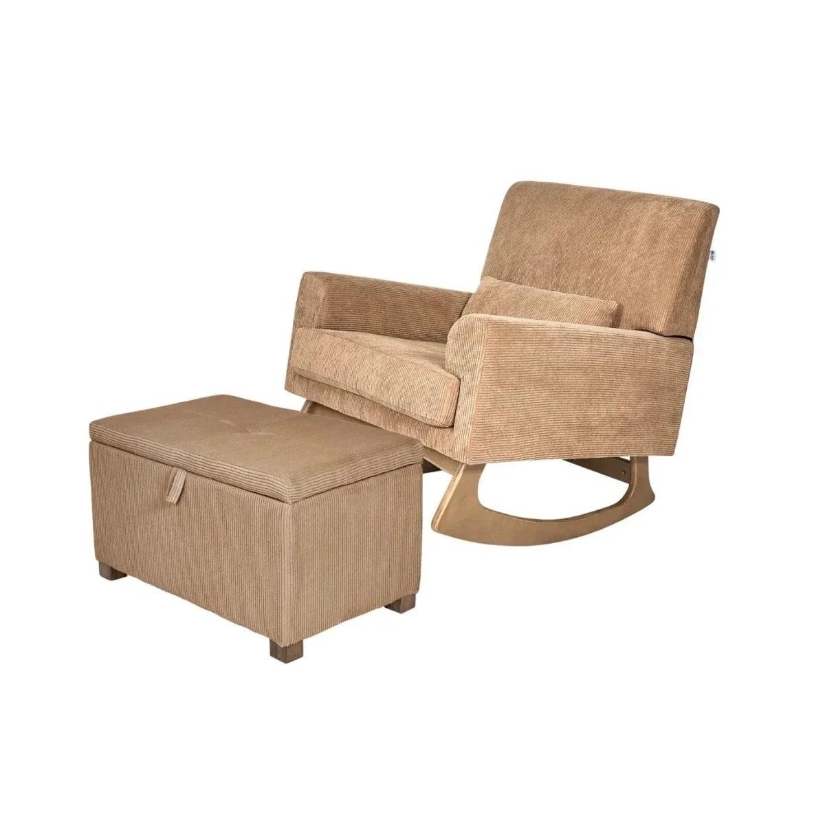 Caramel corduroy nursing chair paired with matching footstool