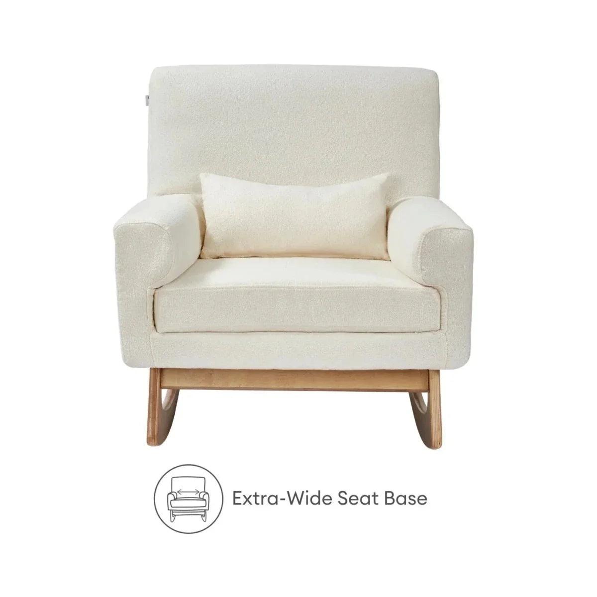 Boucle nursing chair with extra-wide seat base and wood legs