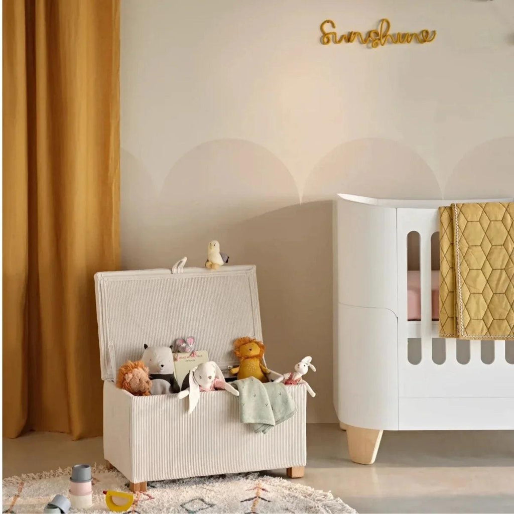 Ecru corduroy nursing chair and footstool set with cozy seat cushion