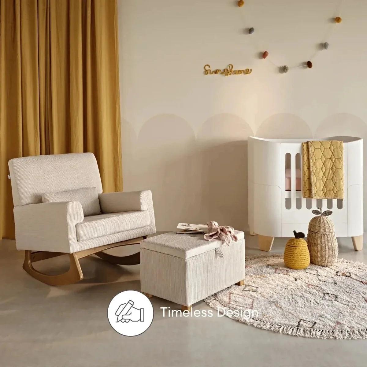 Ecru corduroy rocking nursing chair with matching padded footstool
