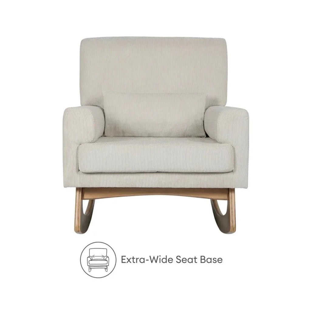 Ecru corduroy nursing chair with wide seat and rounded backrest