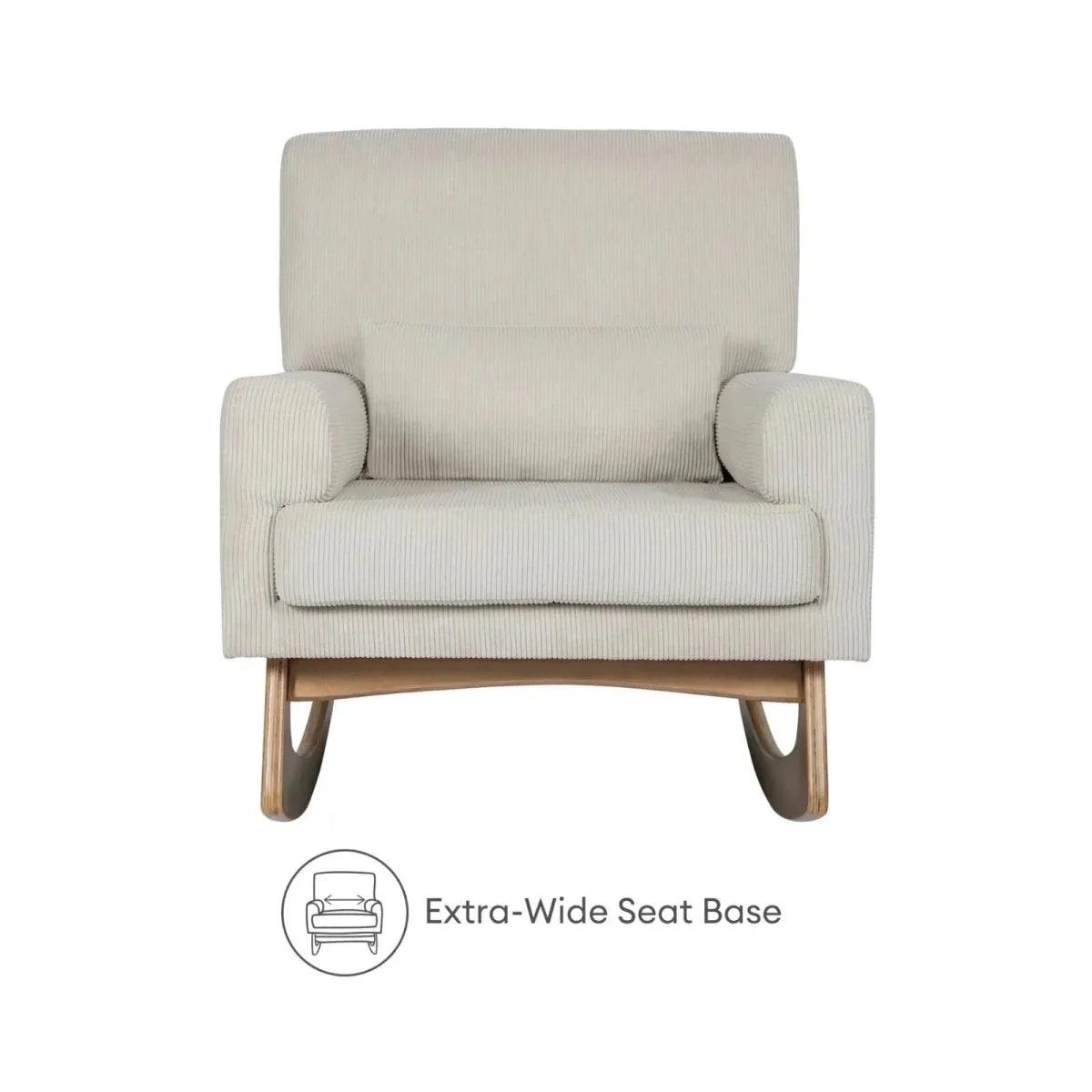 Ecru corduroy nursing chair with wide seat and rounded backrest