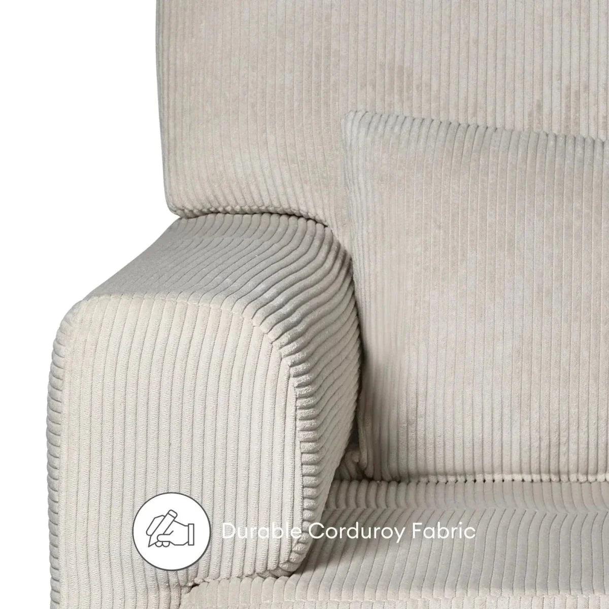 Ecru corduroy fabric close-up on nursing chair seat and arm
