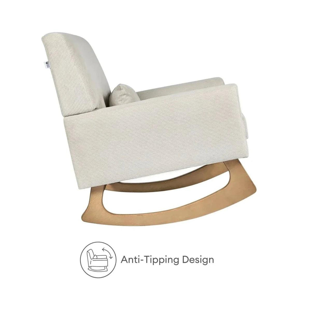 Ecru corduroy rocking nursing chair with curved rocker base