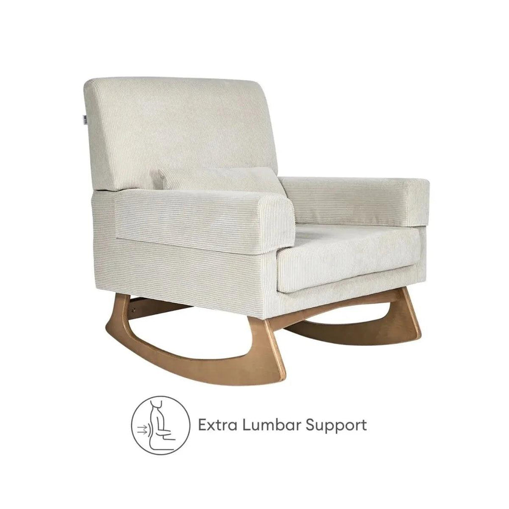 Ecru corduroy nursing chair with extra lumbar cushion and rocking legs