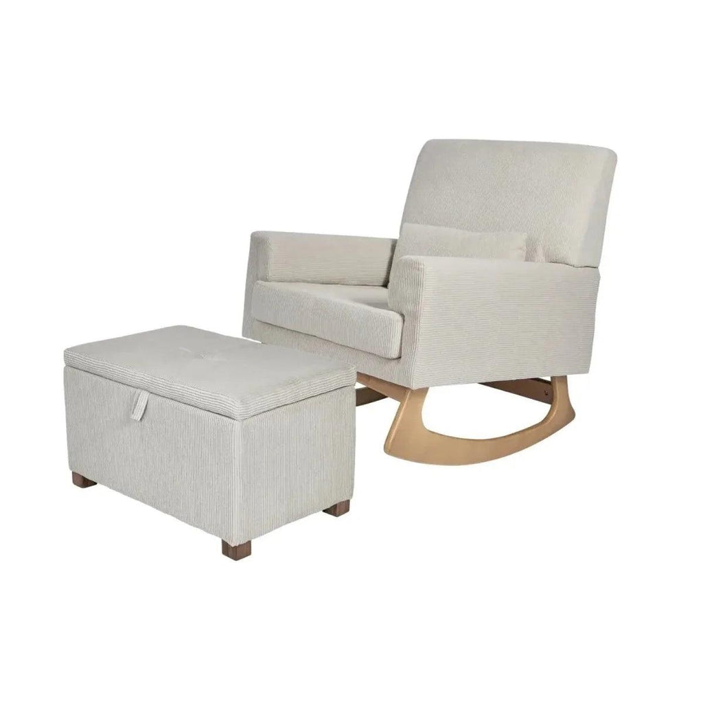 Ecru corduroy nursing chair with matching square footstool, rocker base