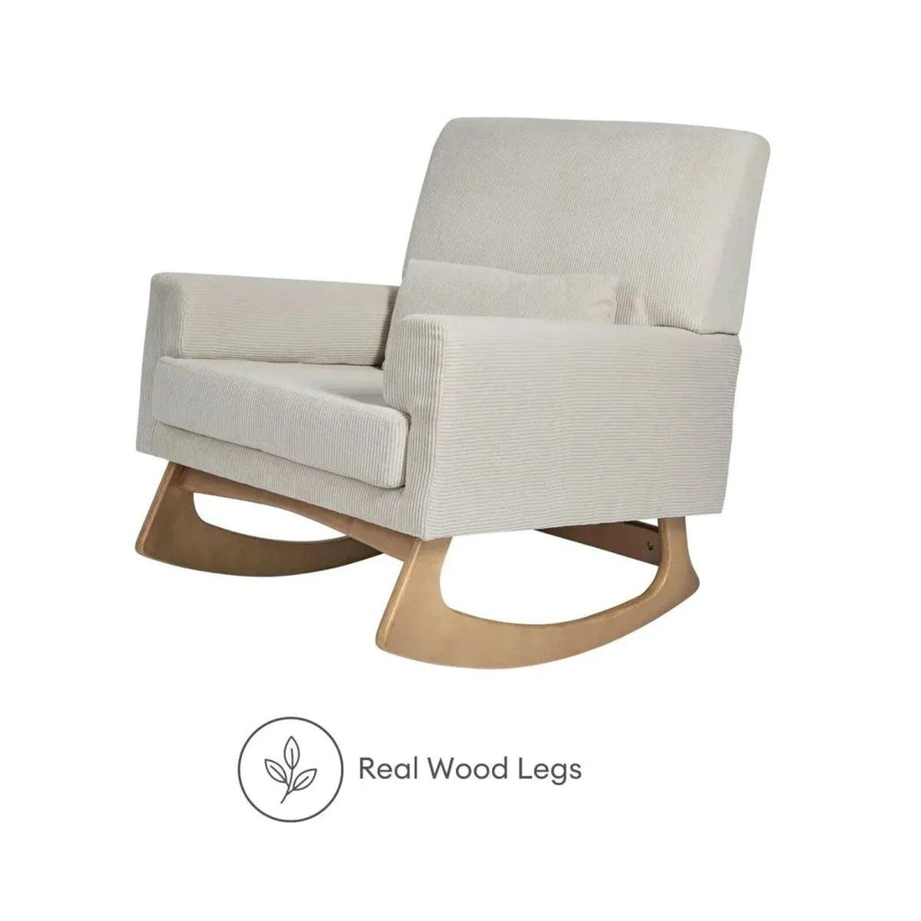 Ecru corduroy nursing chair with real wood legs and curved rocker base