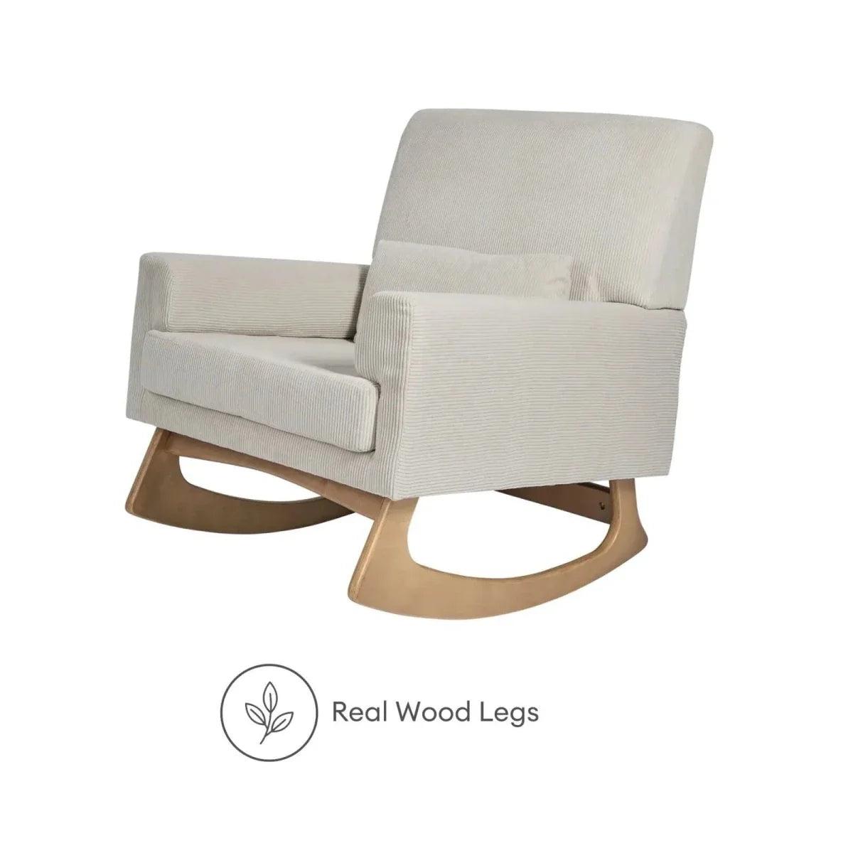 Ecru corduroy nursing chair with real wood legs and curved rocker base