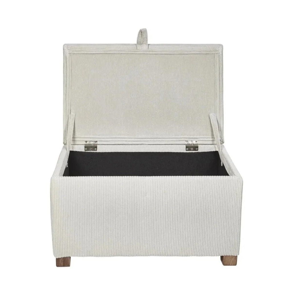 Ecru corduroy footstool with hinged lid open and storage compartment