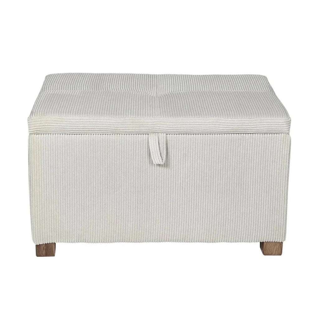 Ecru corduroy footstool with closed hinged lid and wooden legs