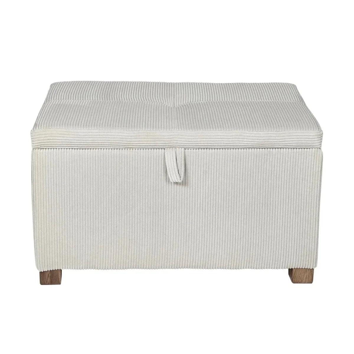 Ecru corduroy footstool with closed hinged lid and wooden legs
