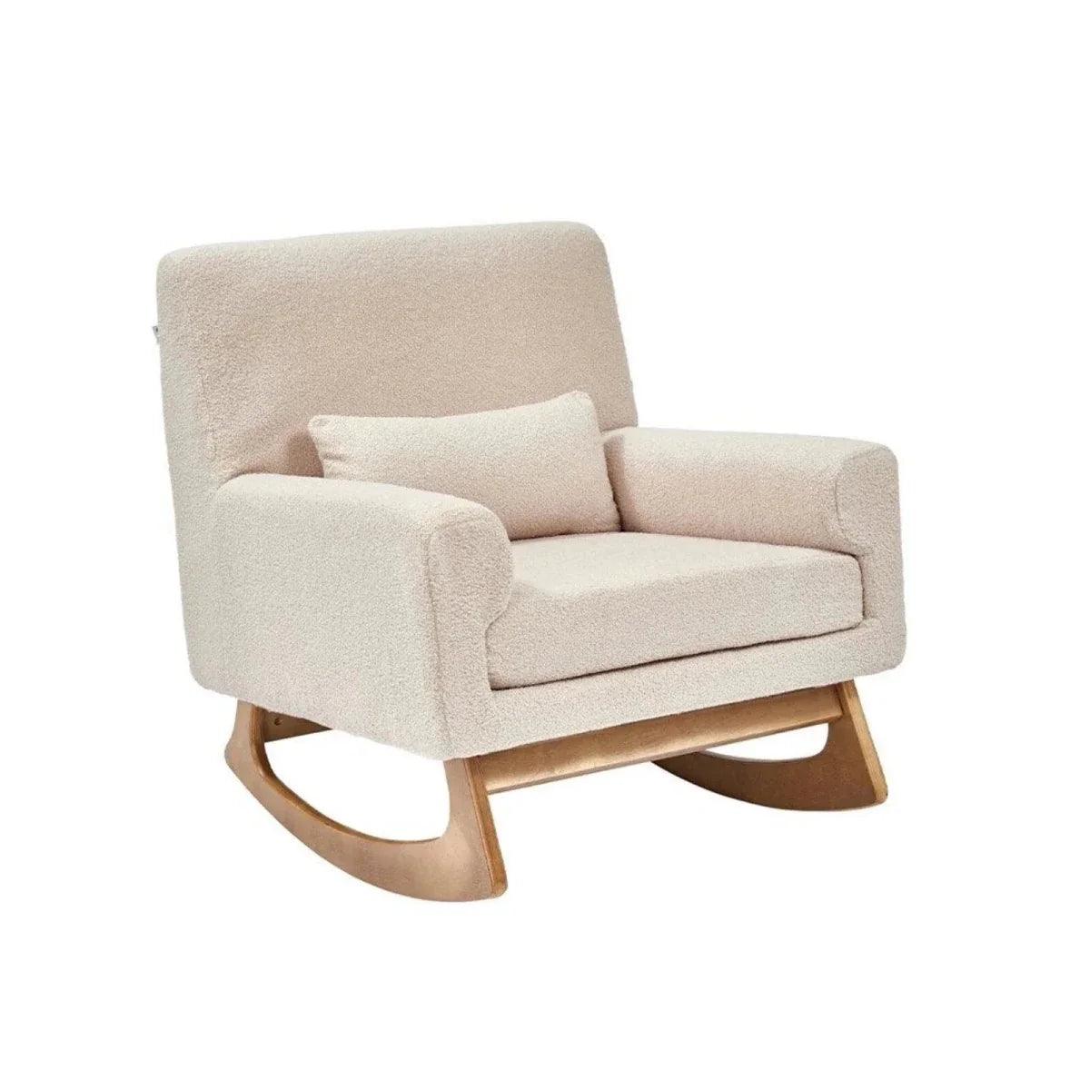 Beige boucle baby rocking & nursing chair with wide arms and curved rocker base
