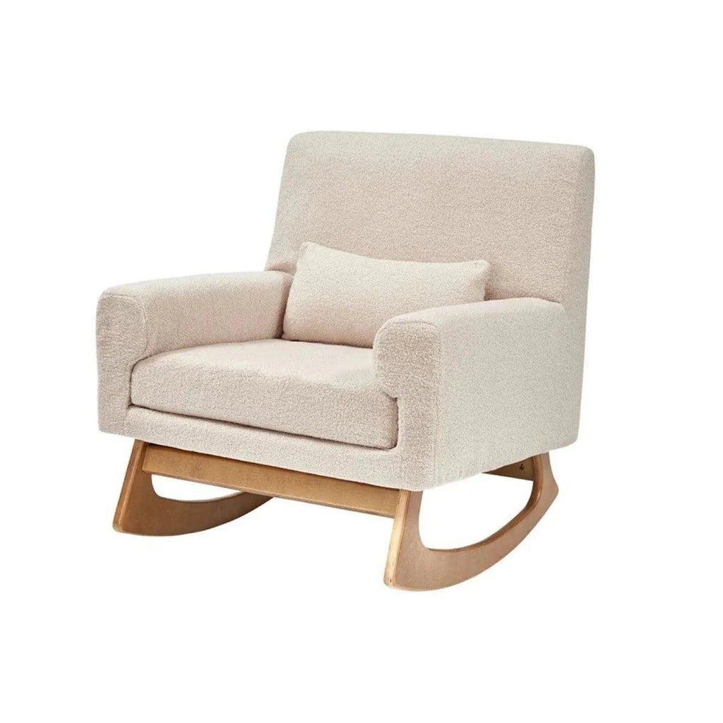Beige boucle baby rocking & nursing chair angled view with cushioned arm and seat
