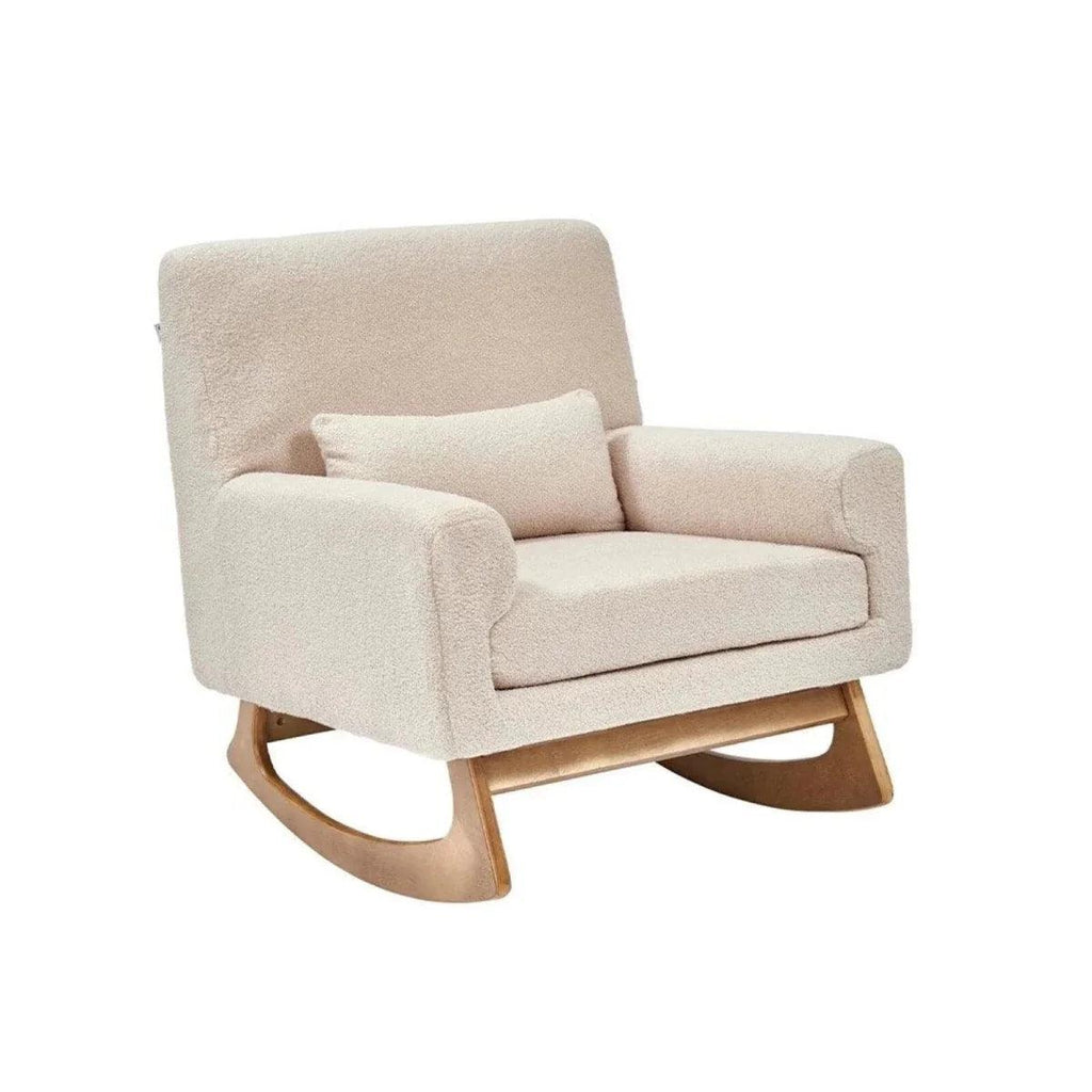 Beige boucle baby rocking & nursing chair with curved wooden rockers