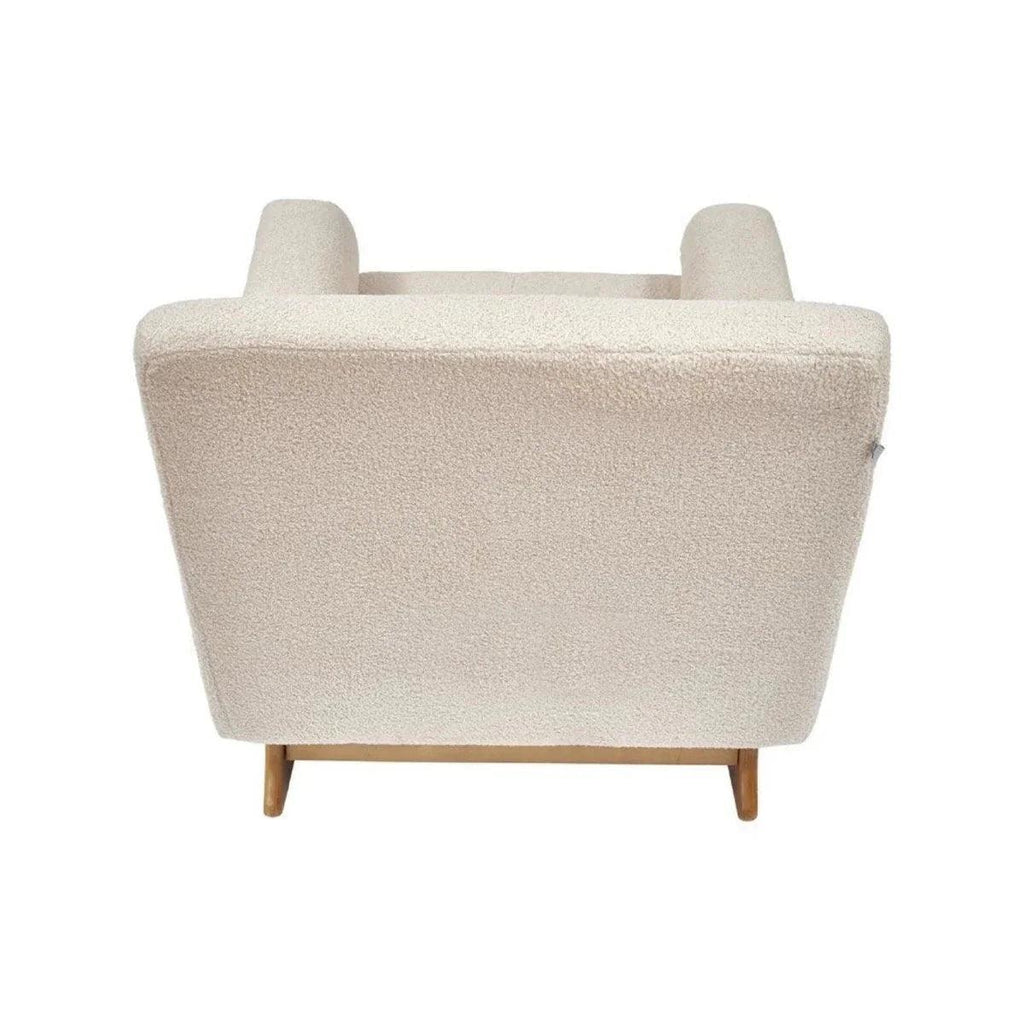Beige boucle baby rocking & nursing chair back view with two wooden legs