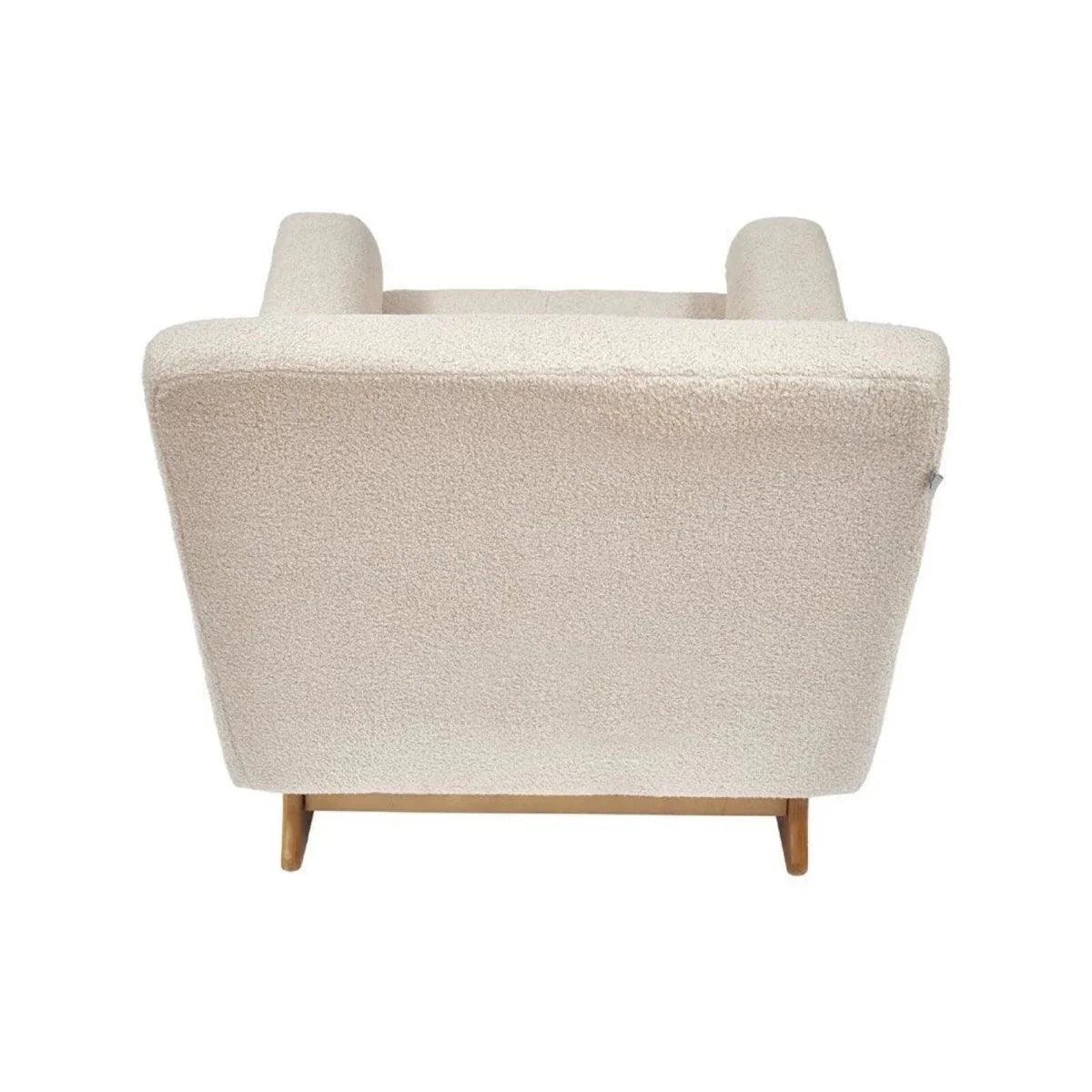 Beige boucle baby rocking & nursing chair back view with two wooden legs