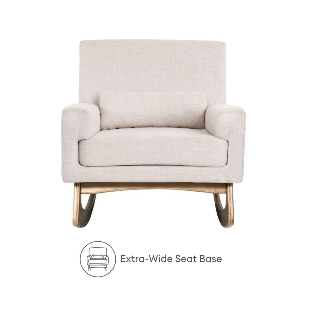 Oat upholstered rocking nursing chair with wide seat and short padded arms