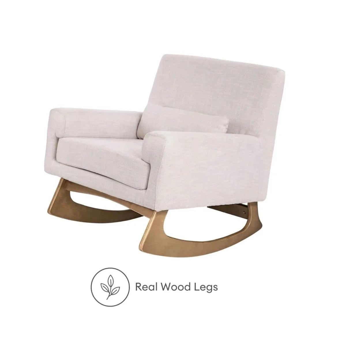Oat upholstered rocking nursing chair with real wood legs and curved base