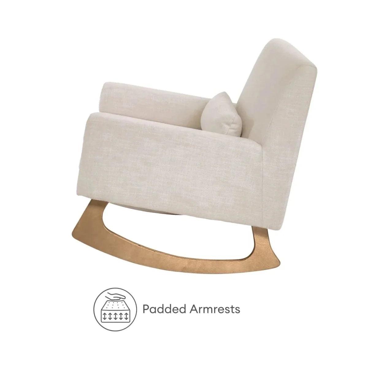 Oat upholstered rocking nursing chair with padded armrests and curved rocker base